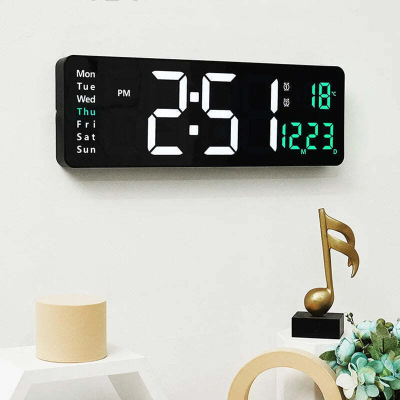 Image of Wall-mounted digital wall clock with remote control and dual alarms