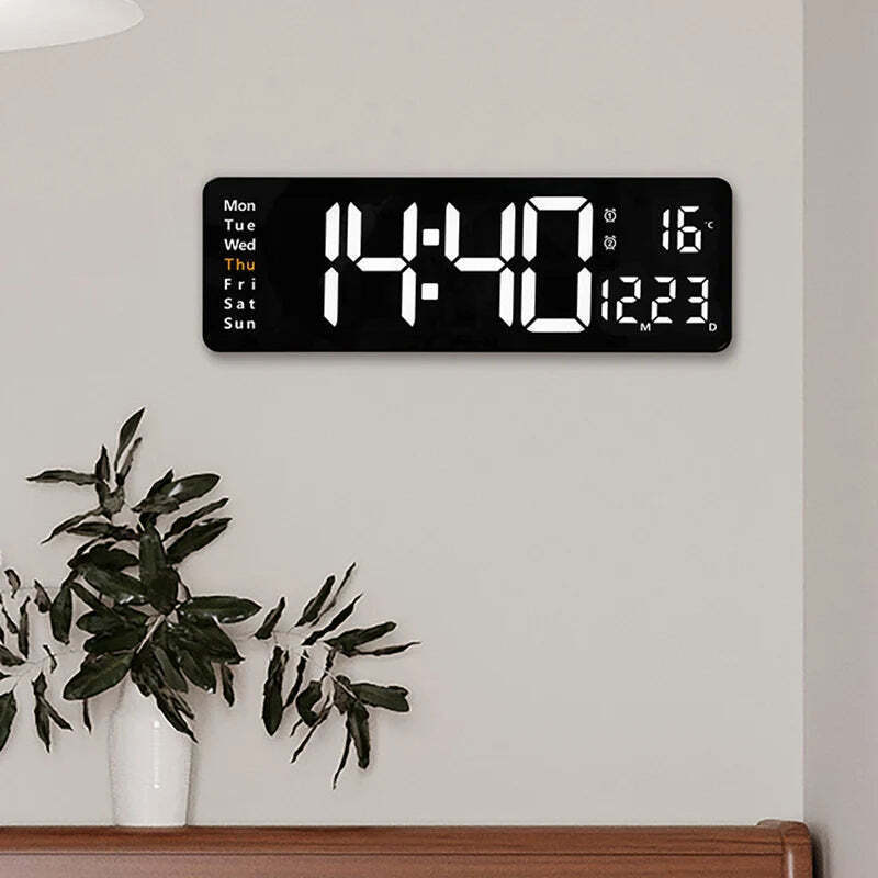 Image of Wall-mounted digital wall clock with remote control and dual alarms