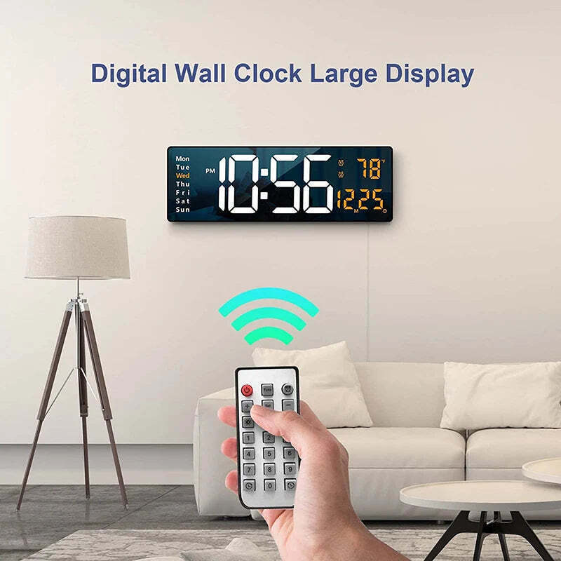 Image of Wall-mounted digital wall clock with remote control and dual alarms