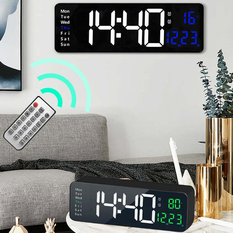 Image of Wall-mounted digital wall clock with remote control and dual alarms