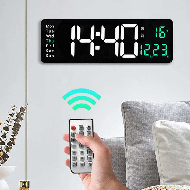 Image of Wall-mounted digital wall clock with remote control and dual alarms