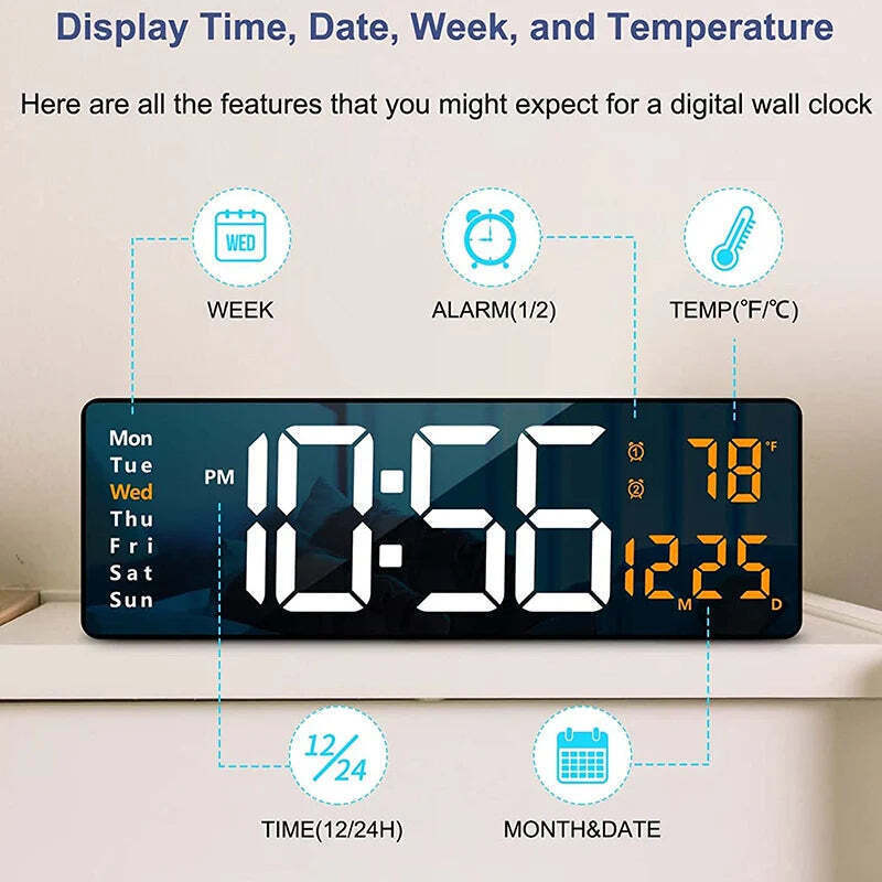 Image of Wall-mounted digital wall clock with remote control and dual alarms