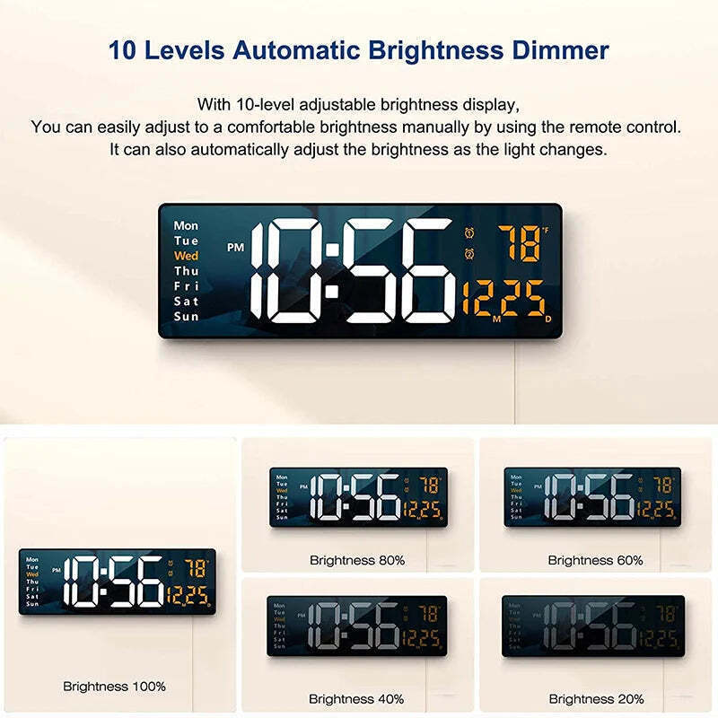 Image of Wall-mounted digital wall clock with remote control and dual alarms