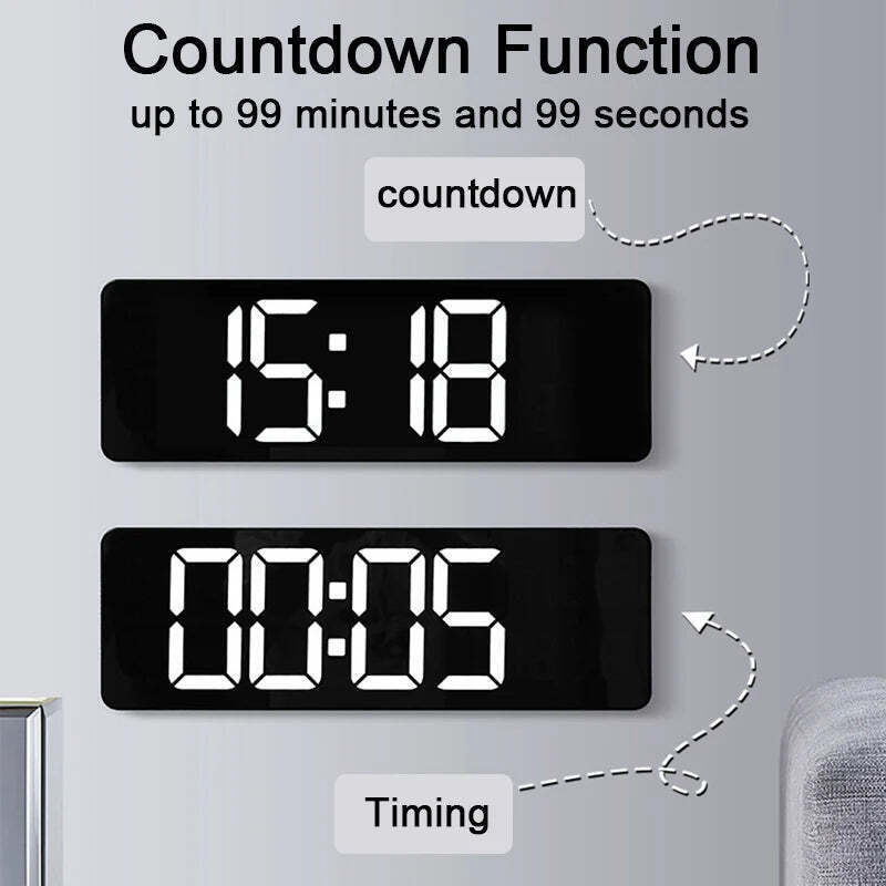 Image of Wall-mounted digital wall clock with remote control and dual alarms