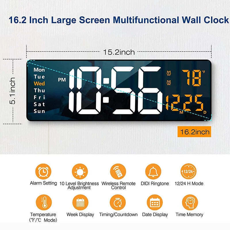 Image of Wall-mounted digital wall clock with remote control and dual alarms