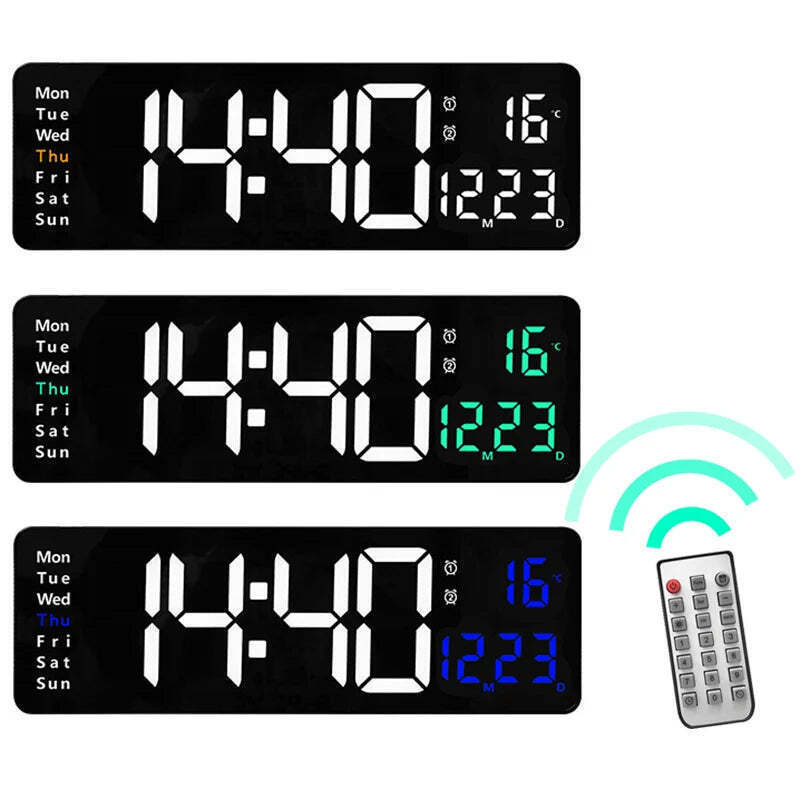 Image of Wall-mounted digital wall clock with remote control and dual alarms