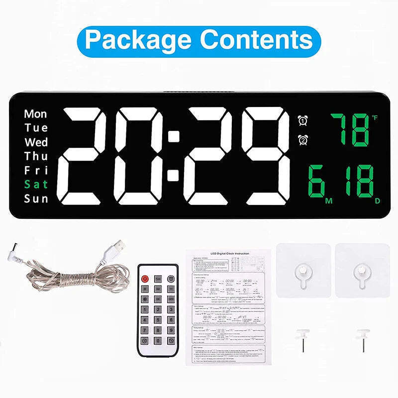 Image of Wall-mounted digital wall clock with remote control and dual alarms