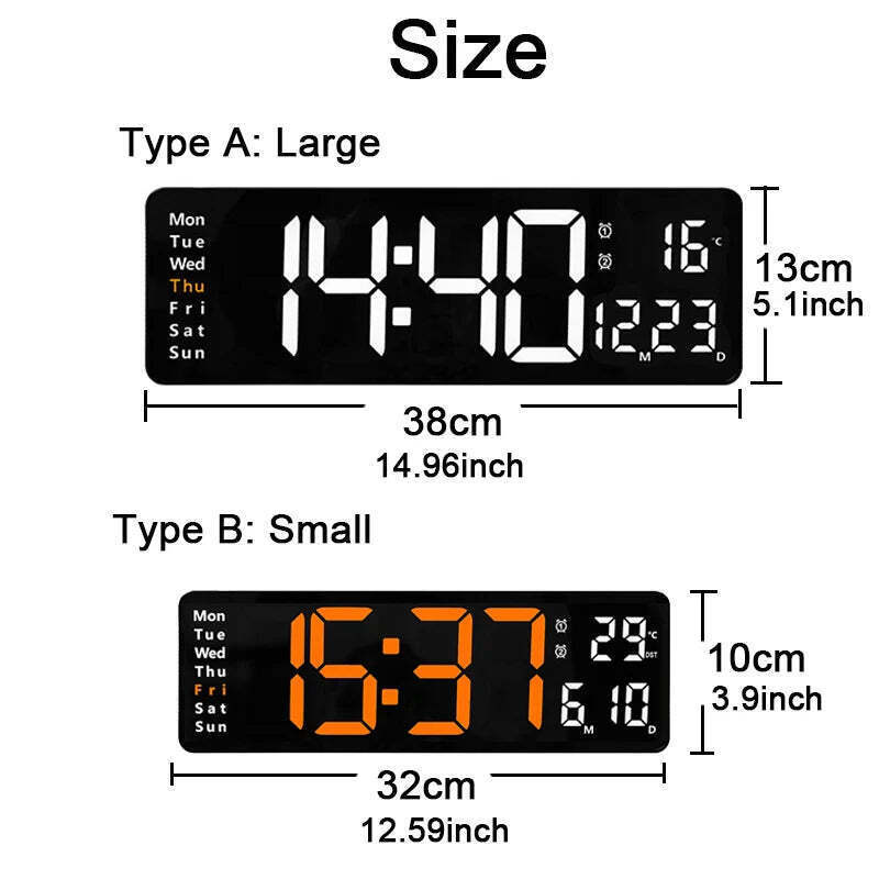 Image of Wall-mounted digital wall clock with remote control and dual alarms