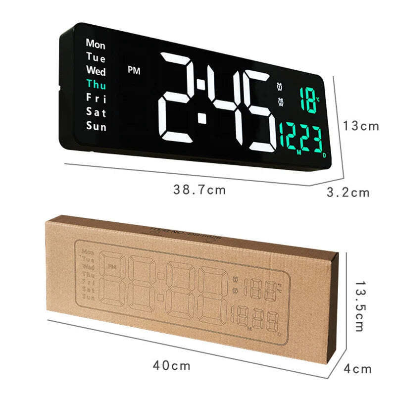 Image of Wall-mounted digital wall clock with remote control and dual alarms