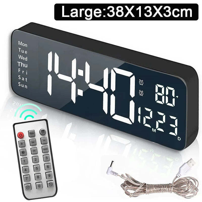 Image of Wall-mounted digital wall clock with remote control and dual alarms