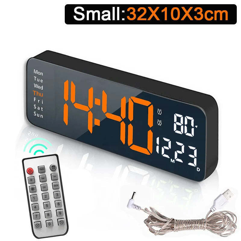 Image of Wall-mounted digital wall clock with remote control and dual alarms