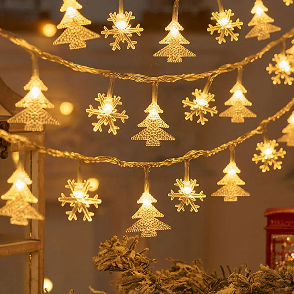 Image of Warm white LED snowflake light garland for Christmas and festive decor