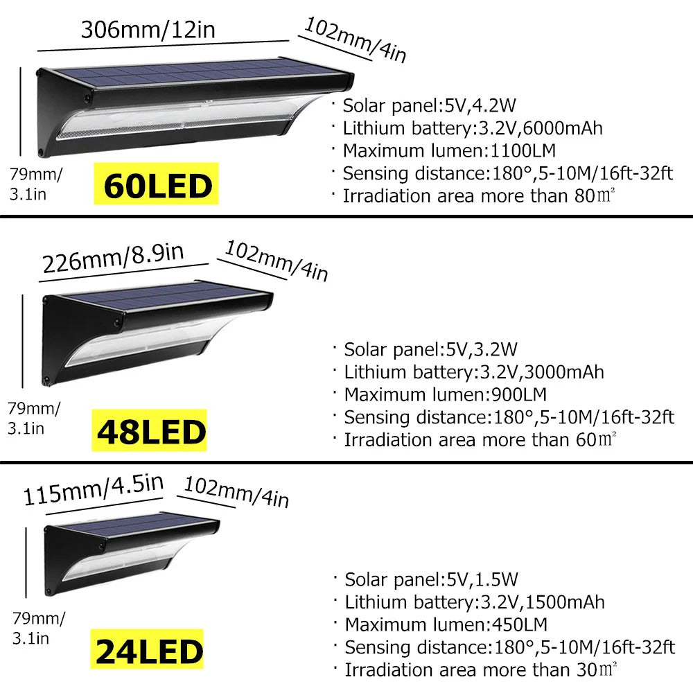 Image of Waterproof motion sensor solar wall lights with 60/48/24 LEDs for home security