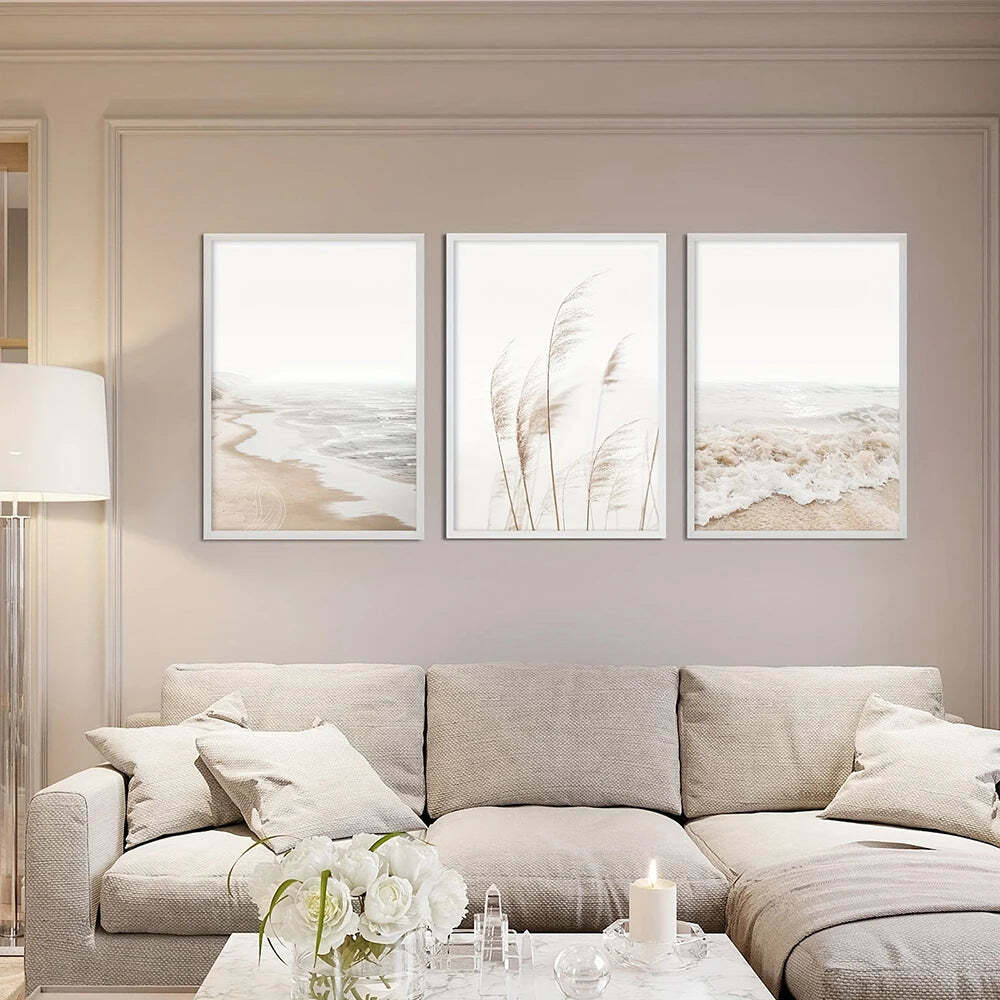 Image of White seascape canvas painting set for modern coastal decor