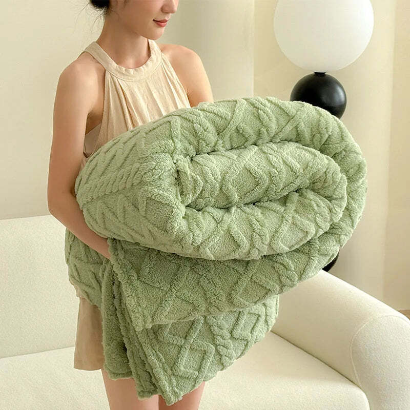 Image of Winters sage green thickened taffu lamb wool blanket for cozy comfort