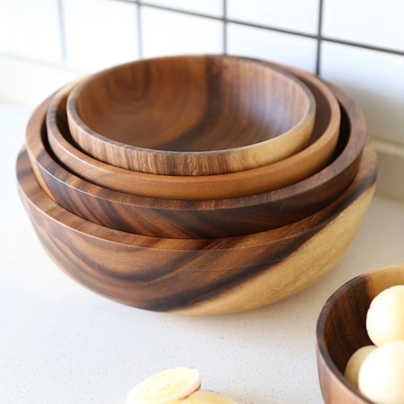 Image of Wooden fruit and vegetable storage bowl for kitchen and picnic use