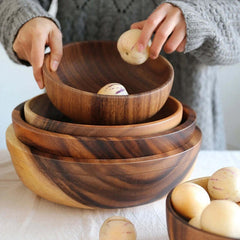 Image of Wooden fruit and vegetable storage bowl for kitchen and picnic use