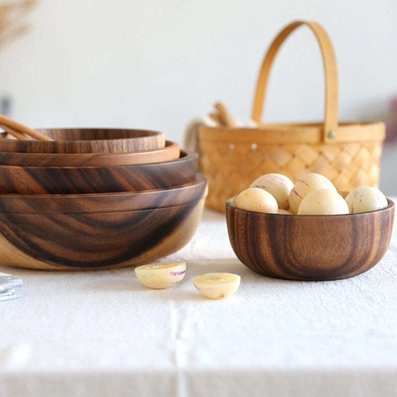 Image of Wooden fruit and vegetable storage bowl for kitchen and picnic use